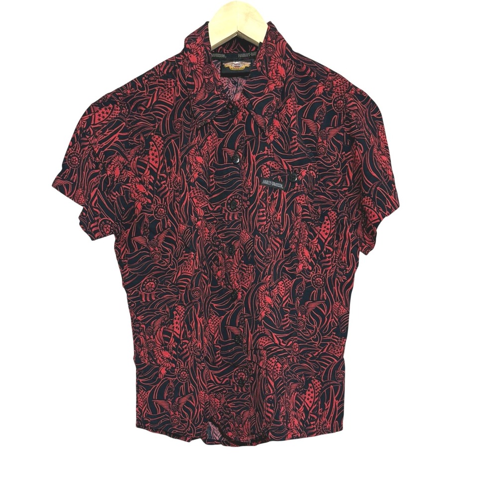 Harley Davidson Shirt Women Small Red Button Up Black Eagle Biker Motorcycle